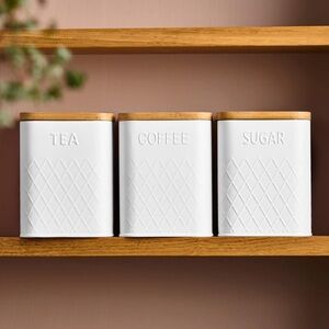 White Gold specales Kitchen Canister with Bamboo Lid - Tea Coffee Sugar